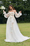 Ivory Detachable Long Sleeves Strapless Sweep Train Wedding Dress