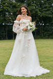 Ivory Detachable Long Sleeves Strapless Sweep Train Wedding Dress