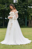 Ivory Detachable Long Sleeves Strapless Sweep Train Wedding Dress