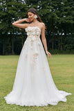 Ivory Detachable Long Sleeves Strapless Sweep Train Wedding Dress