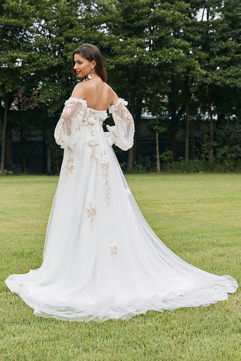 Ivory Detachable Long Sleeves Strapless Sweep Train Wedding Dress