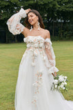 Ivory Detachable Long Sleeves Strapless Sweep Train Wedding Dress