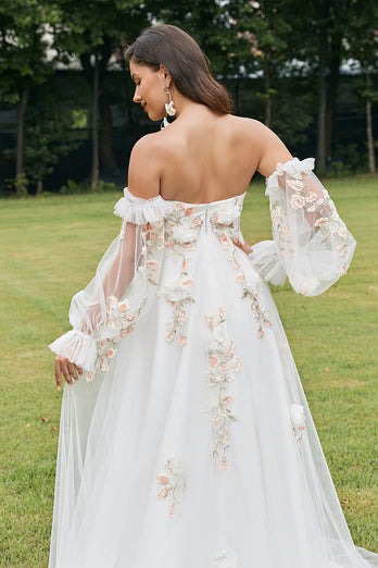 Ivory Detachable Long Sleeves Strapless Sweep Train Wedding Dress