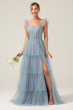 Detachable Straps A Line Tiered Long Dusty Blue Bridesmaid Dress