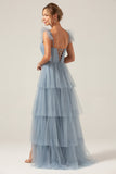 Detachable Straps A Line Navy Tiered Long Bridesmaid Dress