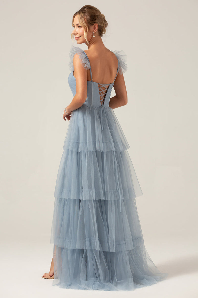Load image into Gallery viewer, Detachable Straps A Line Tiered Long Dusty Blue Bridesmaid Dress