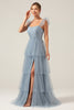 Load image into Gallery viewer, Detachable Straps A Line Tiered Long Dusty Blue Bridesmaid Dress