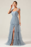 Detachable Straps A Line Tiered Long Dusty Blue Bridesmaid Dress