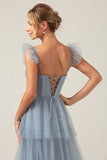 Detachable Straps A Line Tiered Long Dusty Blue Bridesmaid Dress