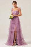 Detachable Straps A Line Purple Tiered Long Bridesmaid Dress