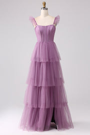 Purple A Line Tulle Tiered Pleated Long Formal Dress with Slit