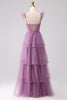 Load image into Gallery viewer, Purple A Line Tulle Tiered Pleated Long Formal Dress with Slit