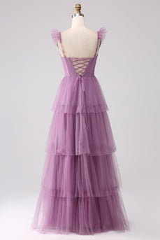 Purple A Line Tulle Tiered Pleated Long Formal Dress with Slit