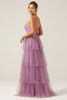 Load image into Gallery viewer, Detachable Straps A Line Purple Tiered Long Bridesmaid Dress