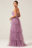 Detachable Straps A Line Purple Tiered Long Bridesmaid Dress