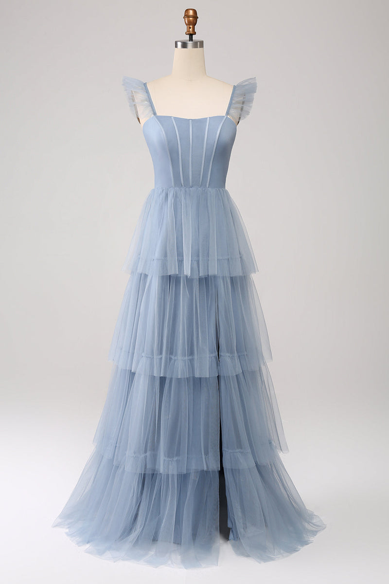 Load image into Gallery viewer, Dusty Blue A Line Tiered Tulle Corset Bridesmaid Dress with Slit