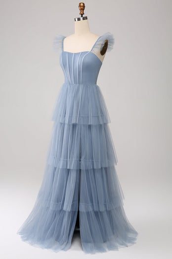 Dusty Blue A Line Tiered Tulle Corset Bridesmaid Dress with Slit