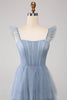 Load image into Gallery viewer, Dusty Blue A Line Tiered Tulle Corset Bridesmaid Dress with Slit