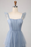 Dusty Blue A Line Tiered Tulle Corset Bridesmaid Dress with Slit