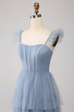 Dusty Blue A Line Tiered Tulle Corset Bridesmaid Dress with Slit