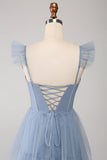 Dusty Blue A Line Tiered Tulle Corset Bridesmaid Dress with Slit