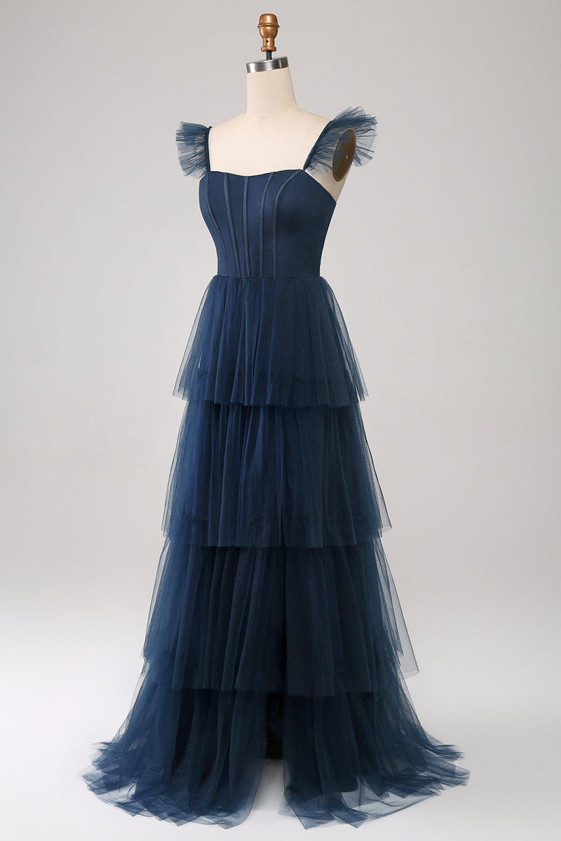 Load image into Gallery viewer, Navy Tulle Navy A Line Tiered Corset Bridesmaid Dress with Slit