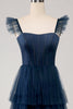 Load image into Gallery viewer, Navy Tulle Navy A Line Tiered Corset Bridesmaid Dress with Slit