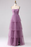 Purple A Line Tulle Tiered Pleated Long Formal Dress with Slit