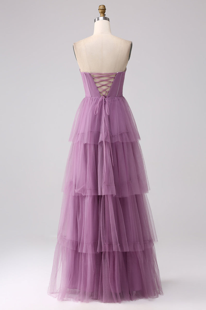 Load image into Gallery viewer, Purple A Line Tulle Tiered Pleated Long Formal Dress with Slit