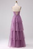 Purple A Line Tulle Tiered Pleated Long Formal Dress with Slit