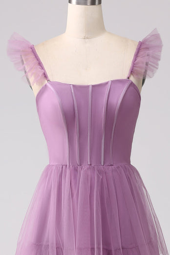 Purple A Line Tulle Tiered Pleated Long Formal Dress with Slit