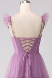 Purple A Line Tulle Tiered Pleated Long Formal Dress with Slit