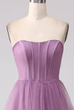 Purple A Line Tulle Tiered Pleated Long Formal Dress with Slit