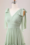 Dusty Sage A Line Chiffon Bridesmaid Dress with Ruffles