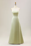 Dusty Sage A Line Strapless Satin Long Bridesmaid Dress