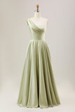 Dusty Sage A Line One Shoulder Long Chiffon Bridesmaid Dress