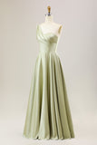 Dusty Sage A Line One Shoulder Long Chiffon Bridesmaid Dress