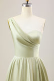 Dusty Sage A Line One Shoulder Long Chiffon Bridesmaid Dress