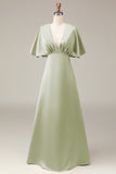 Dusty Sage A-line Satin V-Neck Choir Dress with Flutter Sleeves