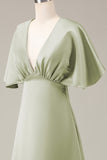 Dusty Sage A-line Satin V-Neck Choir Dress with Flutter Sleeves