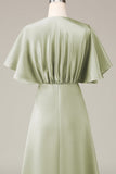 Dusty Sage A-line Satin V-Neck Choir Dress with Flutter Sleeves
