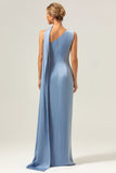 Blue Sheath One Shoulder Satin Long Bridesmaid Dress