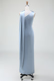 Blue Sheath One Shoulder Satin Long Bridesmaid Dress