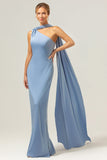 Blue Sheath One Shoulder Satin Long Bridesmaid Dress