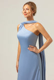 Sheath One Shoulder Satin Long Blue Bridesmaid Dress