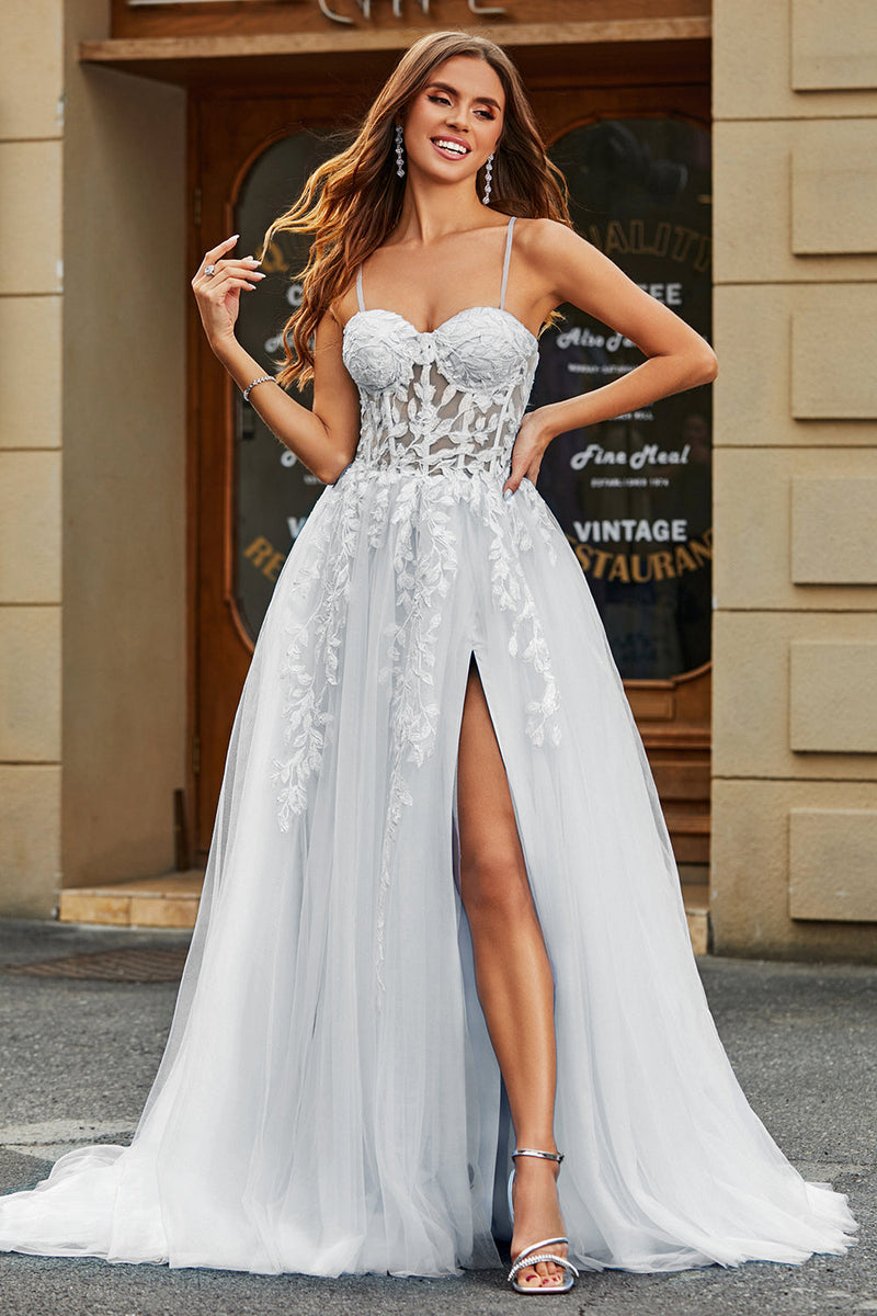 Load image into Gallery viewer, White A-Line Spaghetti Straps Corset Lace Tulle Long Wedding Dress