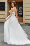 White A-Line Spaghetti Straps Corset Lace Tulle Long Wedding Dress