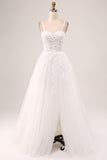 White A-Line Spaghetti Straps Corset Lace Tulle Long Wedding Dress