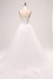 White A-Line Spaghetti Straps Corset Lace Tulle Long Wedding Dress