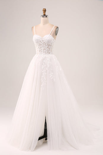 White A-Line Spaghetti Straps Corset Lace Tulle Long Wedding Dress